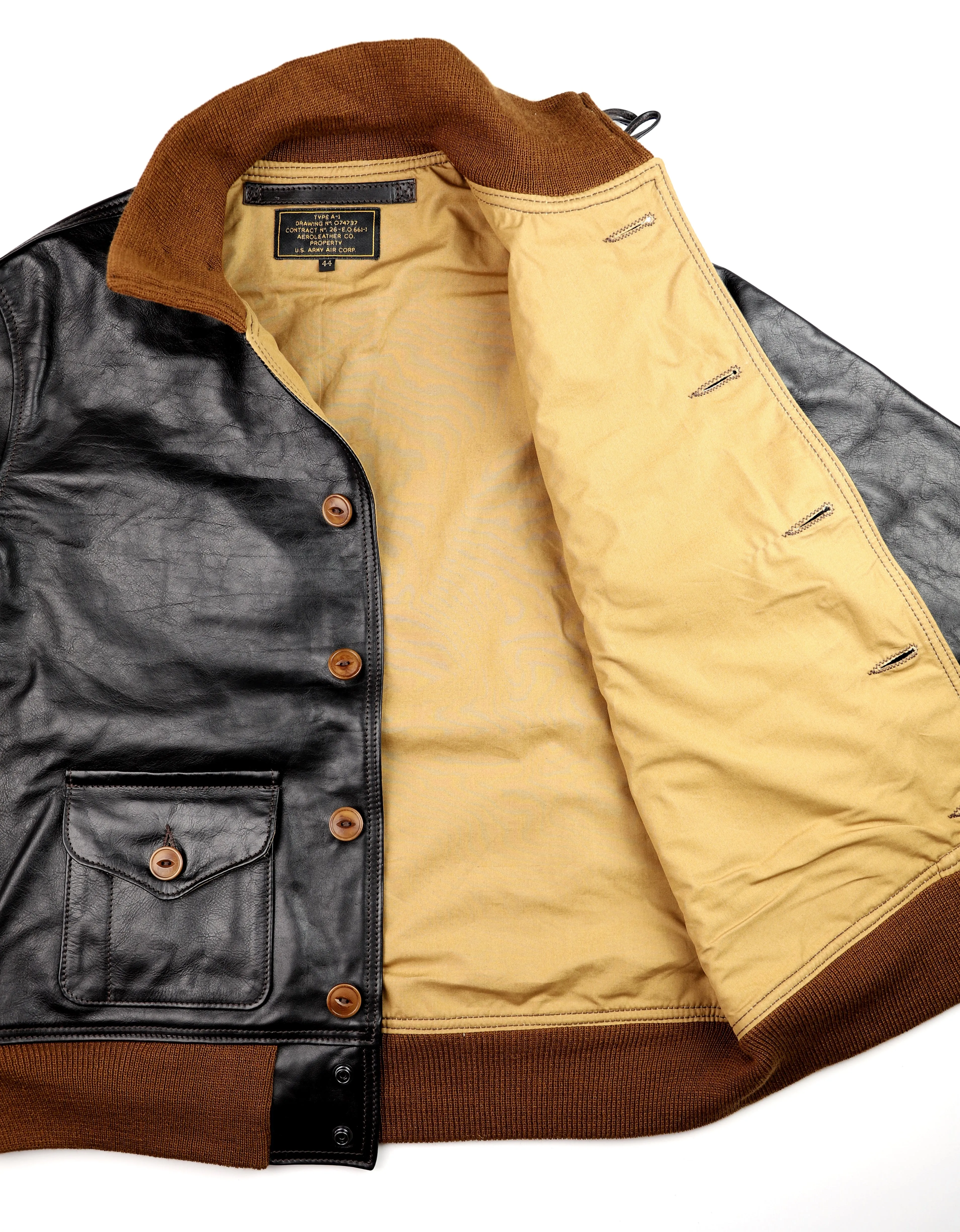 Aero A-1 Military Flight Jacket, size 44, Blackened Brown Vicenza Horsehide