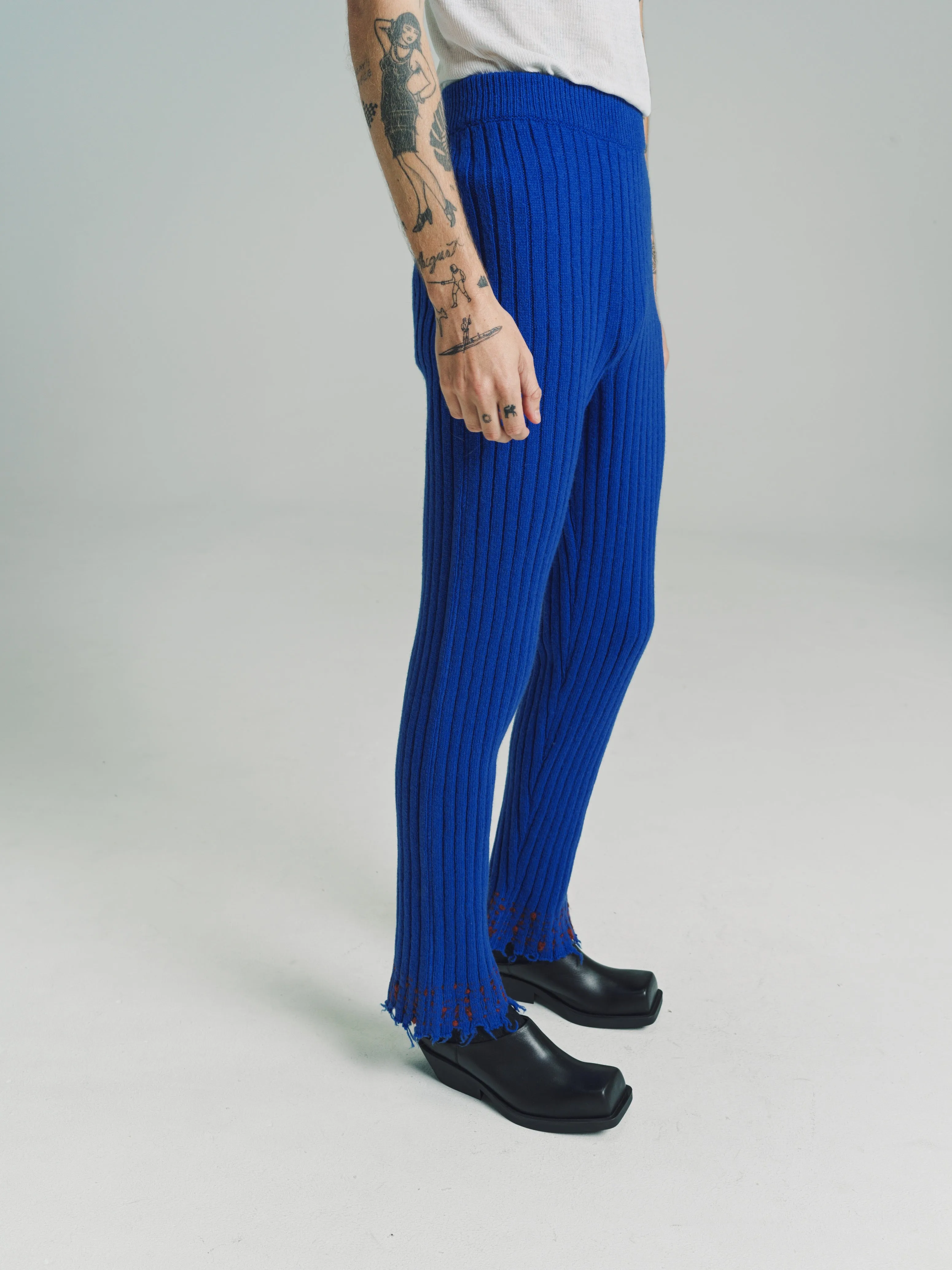 Astral Blue Wool Rib Knit Flare Trouser