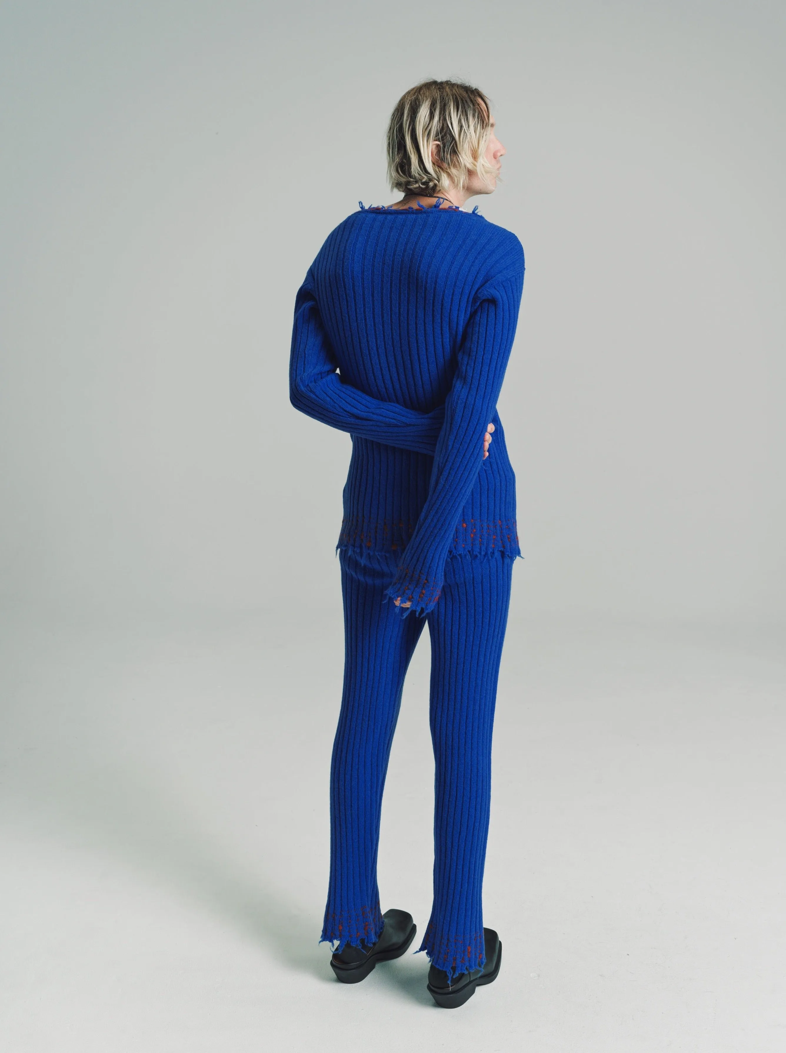 Astral Blue Wool Rib Knit Flare Trouser