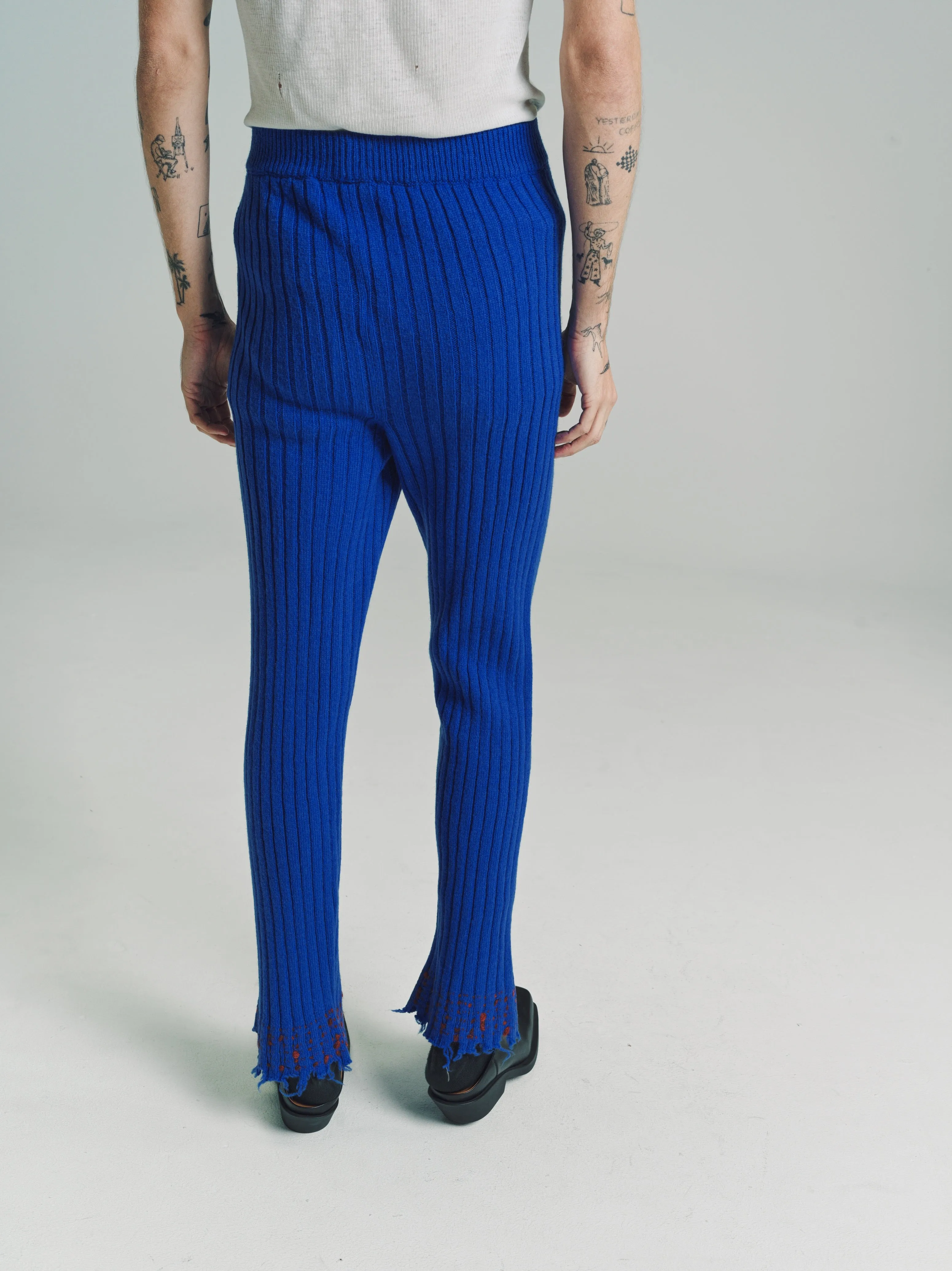 Astral Blue Wool Rib Knit Flare Trouser