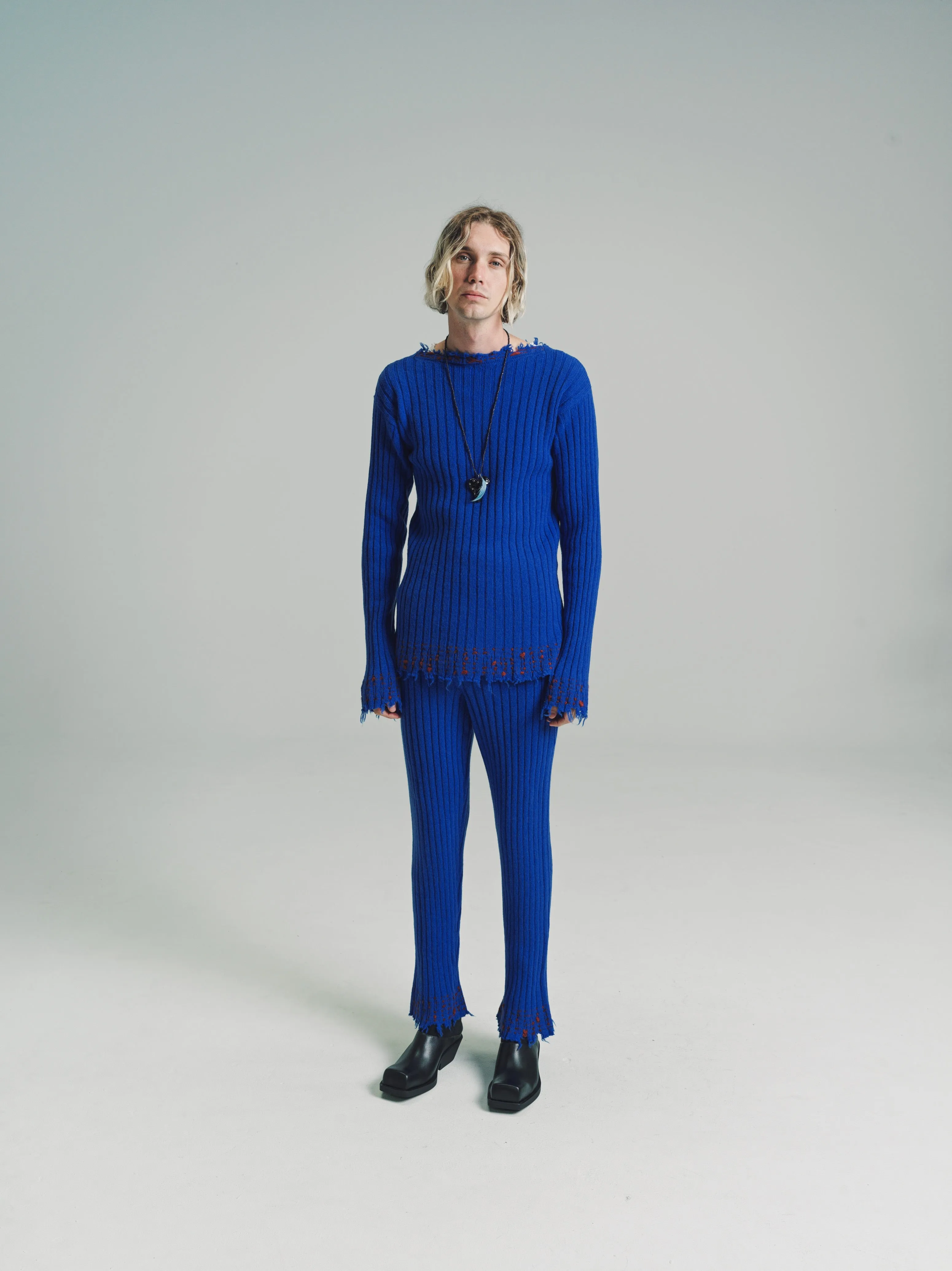 Astral Blue Wool Rib Knit Flare Trouser