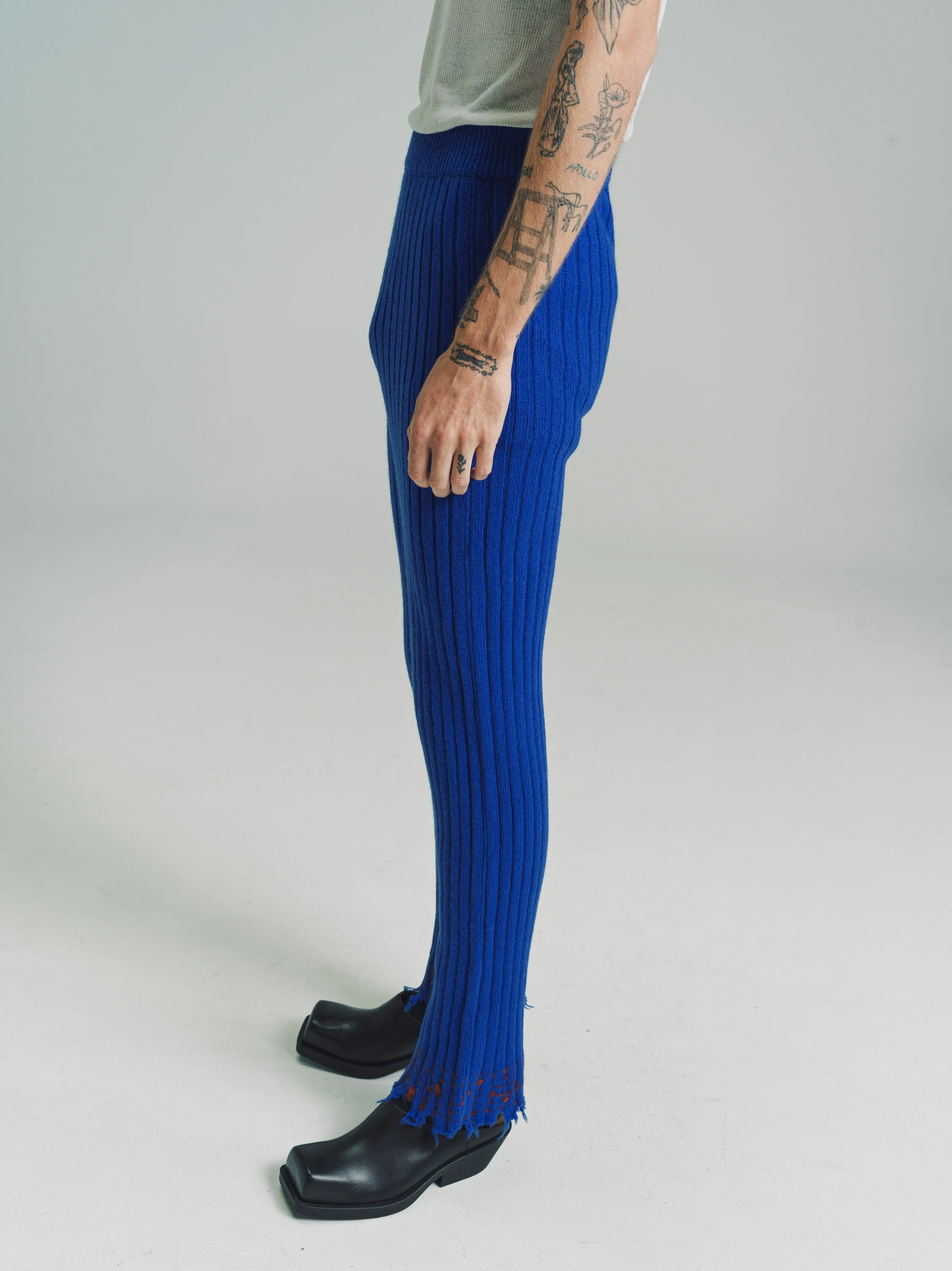 Astral Blue Wool Rib Knit Flare Trouser