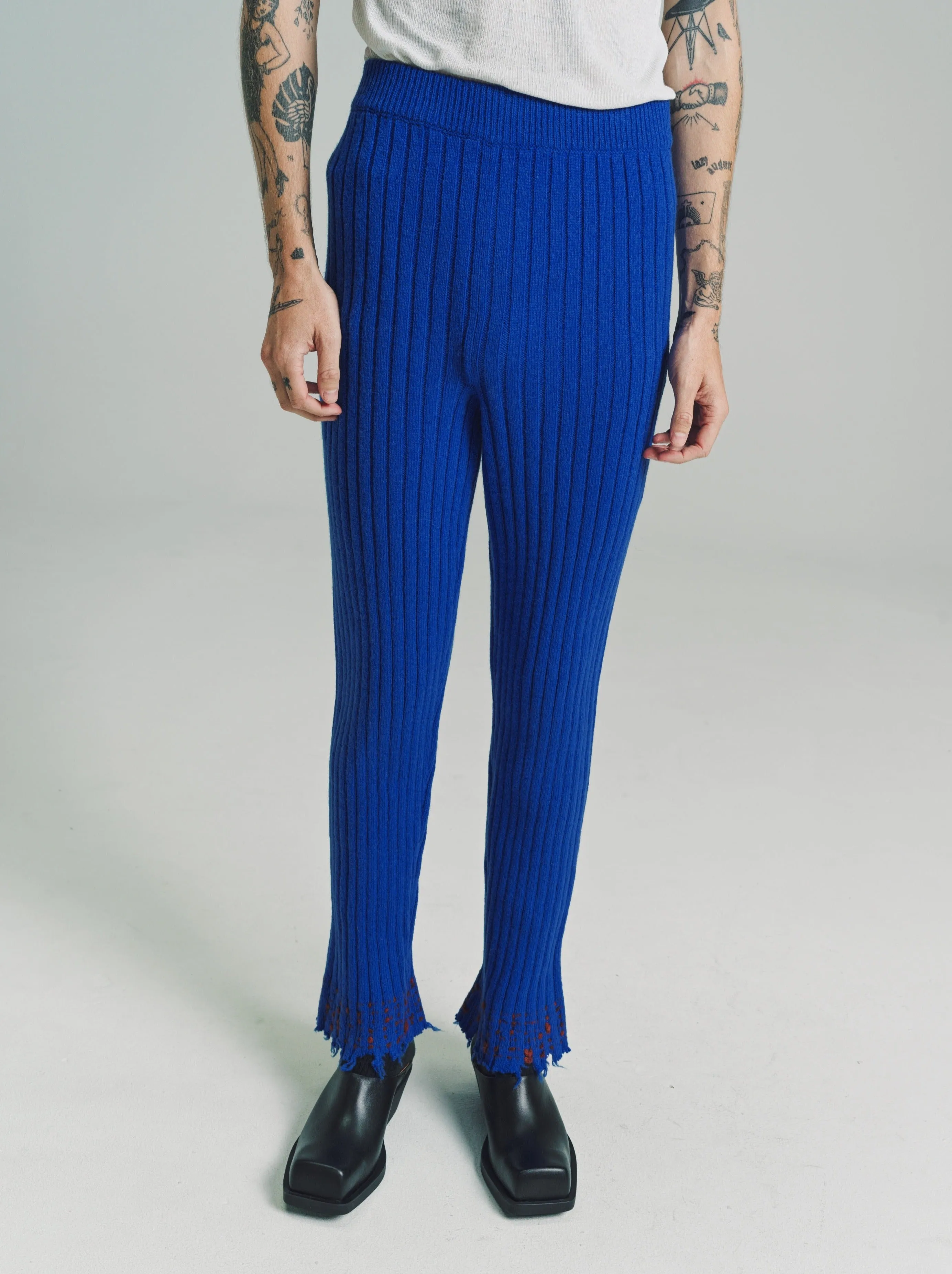 Astral Blue Wool Rib Knit Flare Trouser