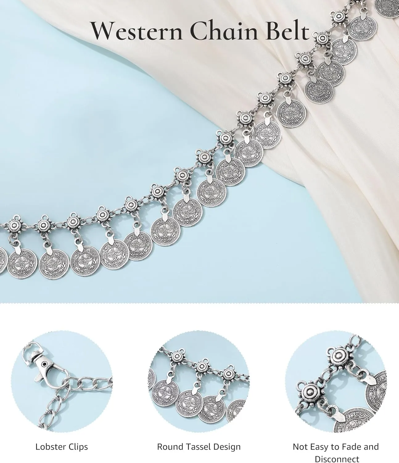 AWAYTR Western Chain Belts for Women - Silver Cowgirl Concho Belts for Jeans Dresses Country Concert Outfit Accessories