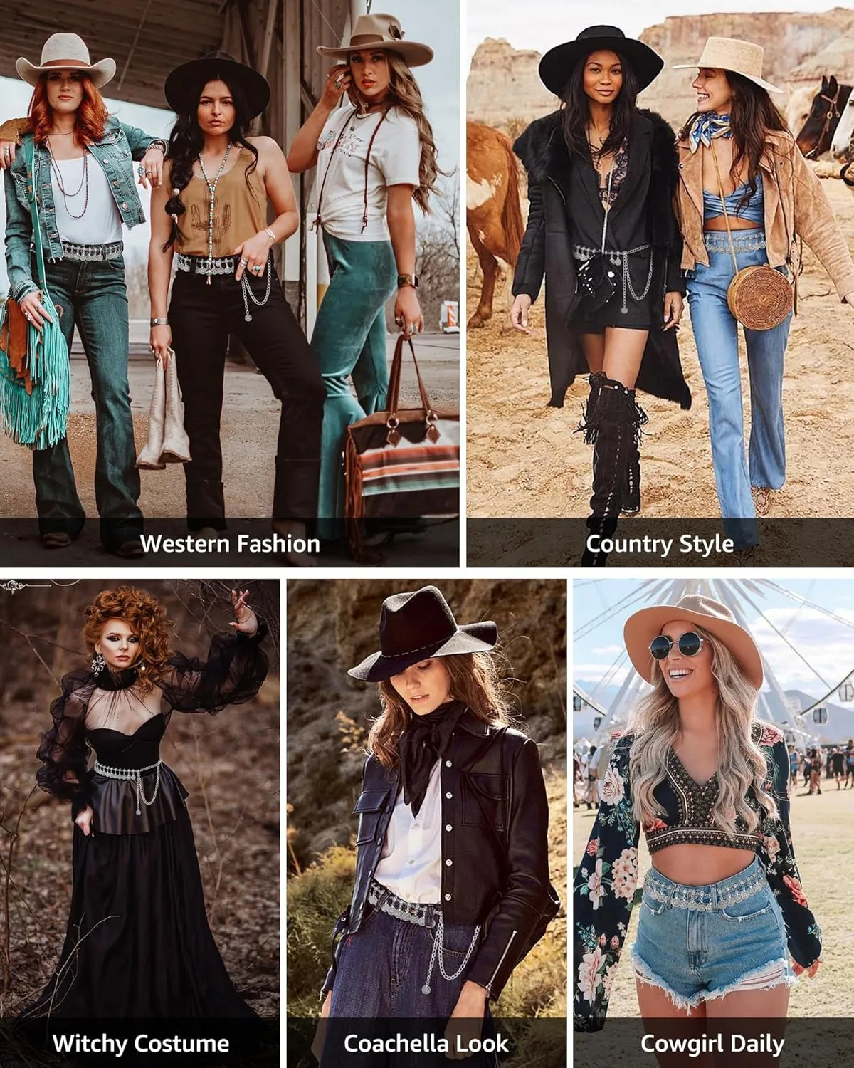 AWAYTR Western Chain Belts for Women - Silver Cowgirl Concho Belts for Jeans Dresses Country Concert Outfit Accessories