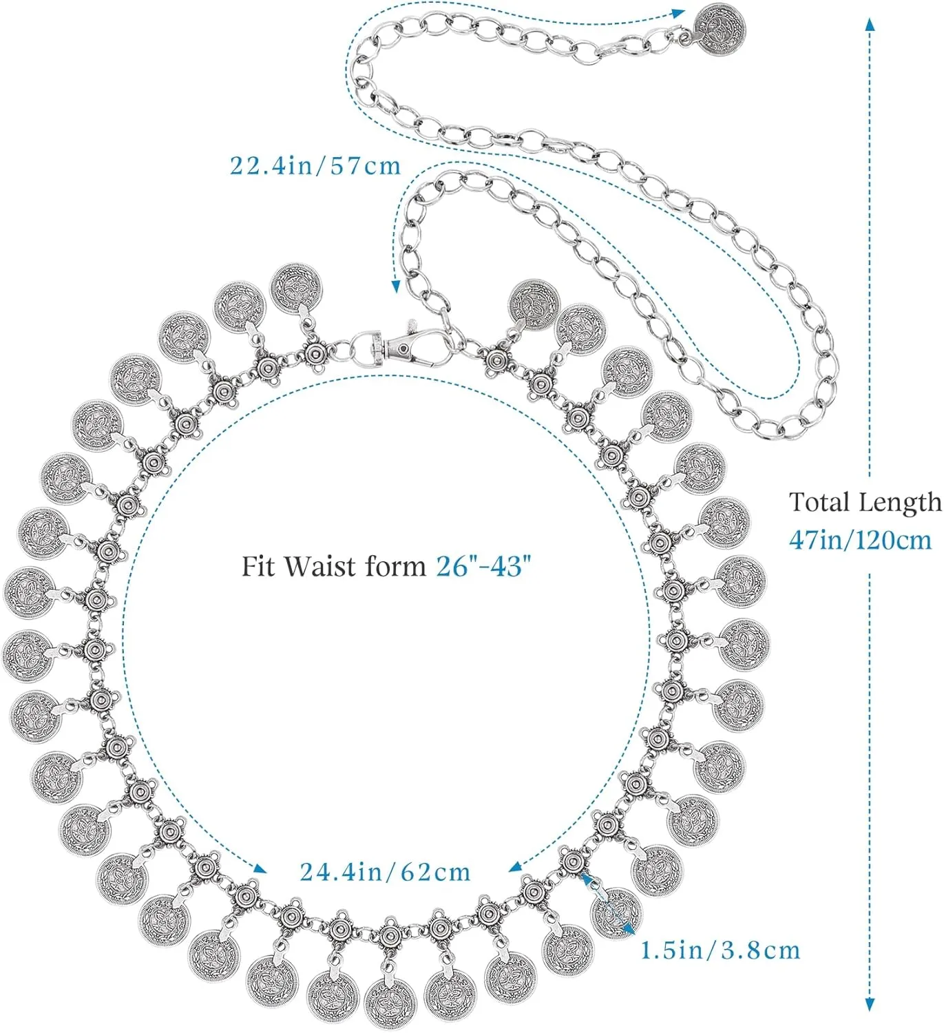 AWAYTR Western Chain Belts for Women - Silver Cowgirl Concho Belts for Jeans Dresses Country Concert Outfit Accessories