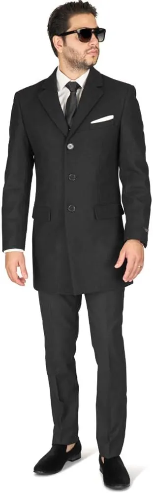 AZAR MAN Slim Fit Modern Wool Overcoat 3 Button Notch Lapel Top Trench Coat