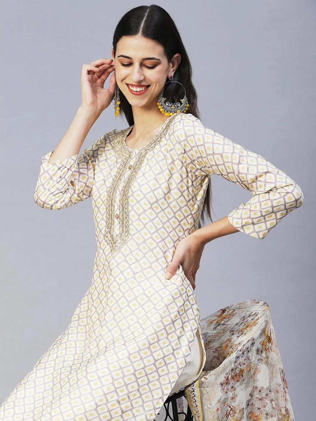 Barfi Printed Zari Embroidered Kurta With Pants & Dupatta - Off White