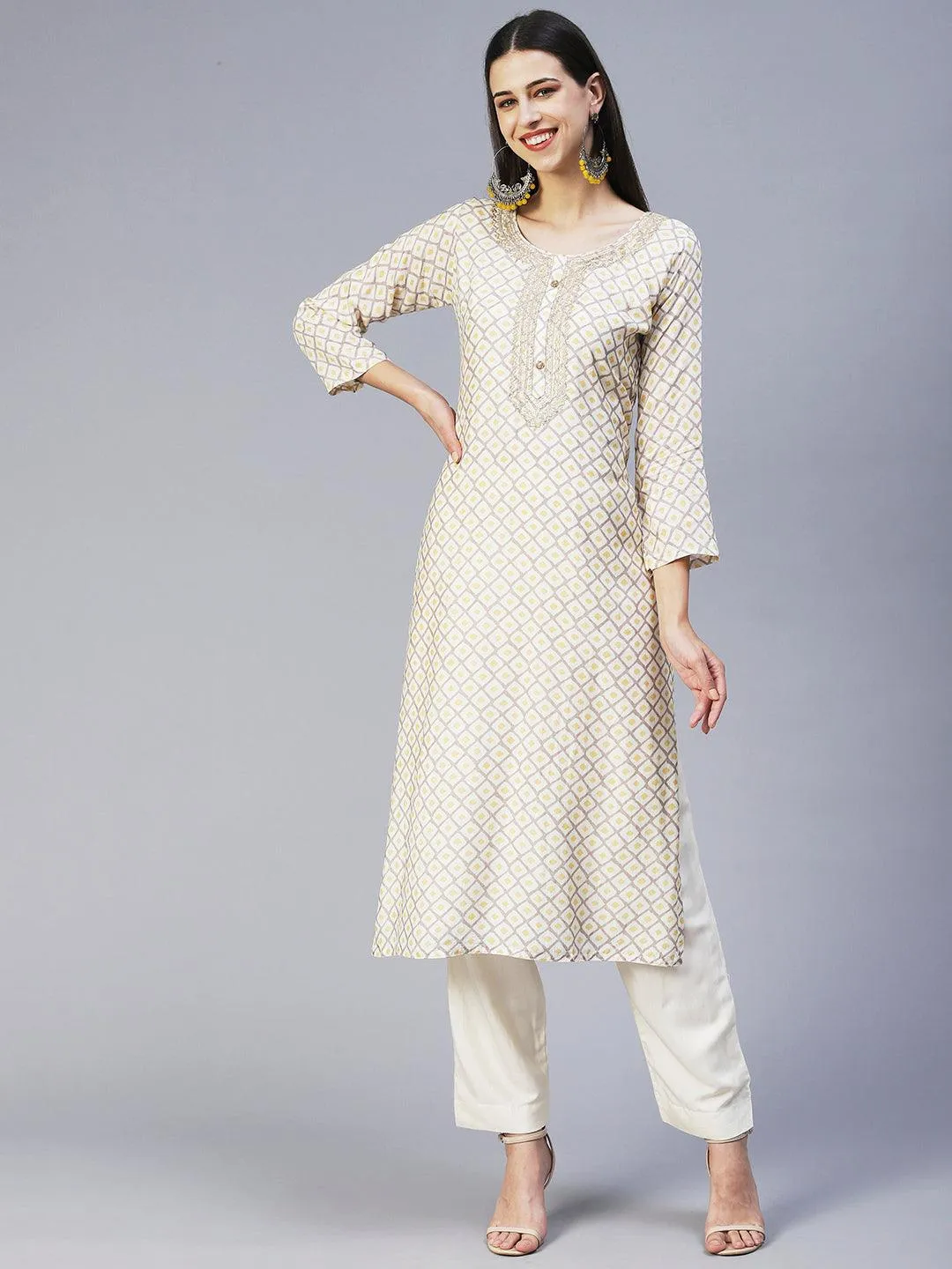 Barfi Printed Zari Embroidered Kurta With Pants & Dupatta - Off White