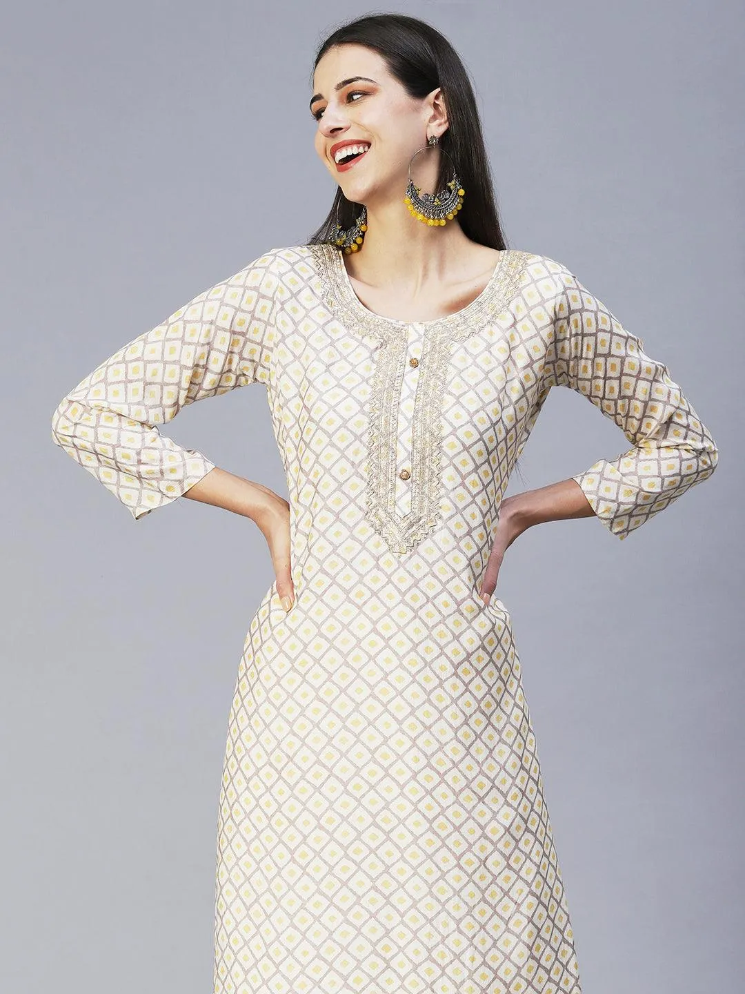 Barfi Printed Zari Embroidered Kurta With Pants & Dupatta - Off White