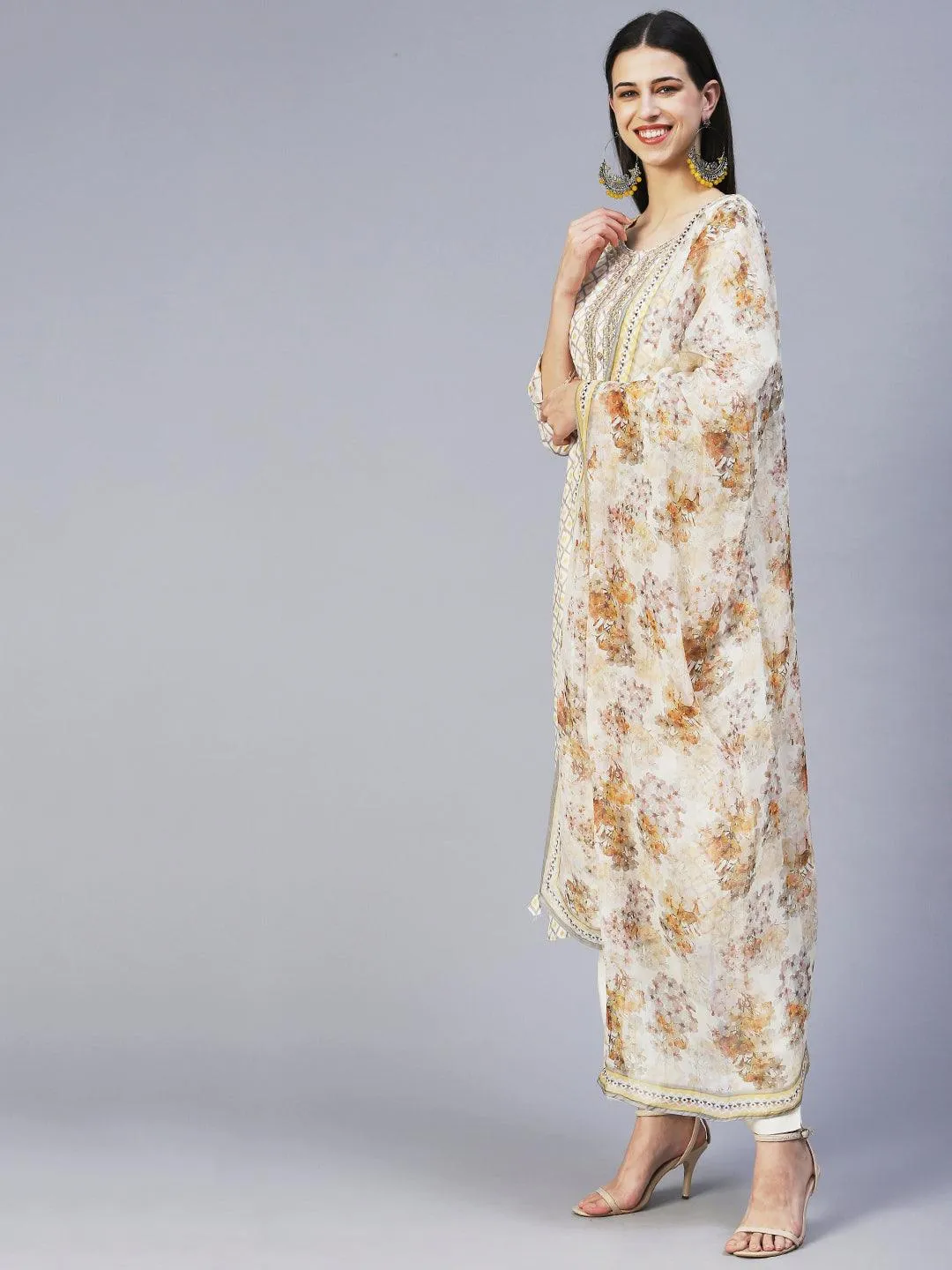 Barfi Printed Zari Embroidered Kurta With Pants & Dupatta - Off White