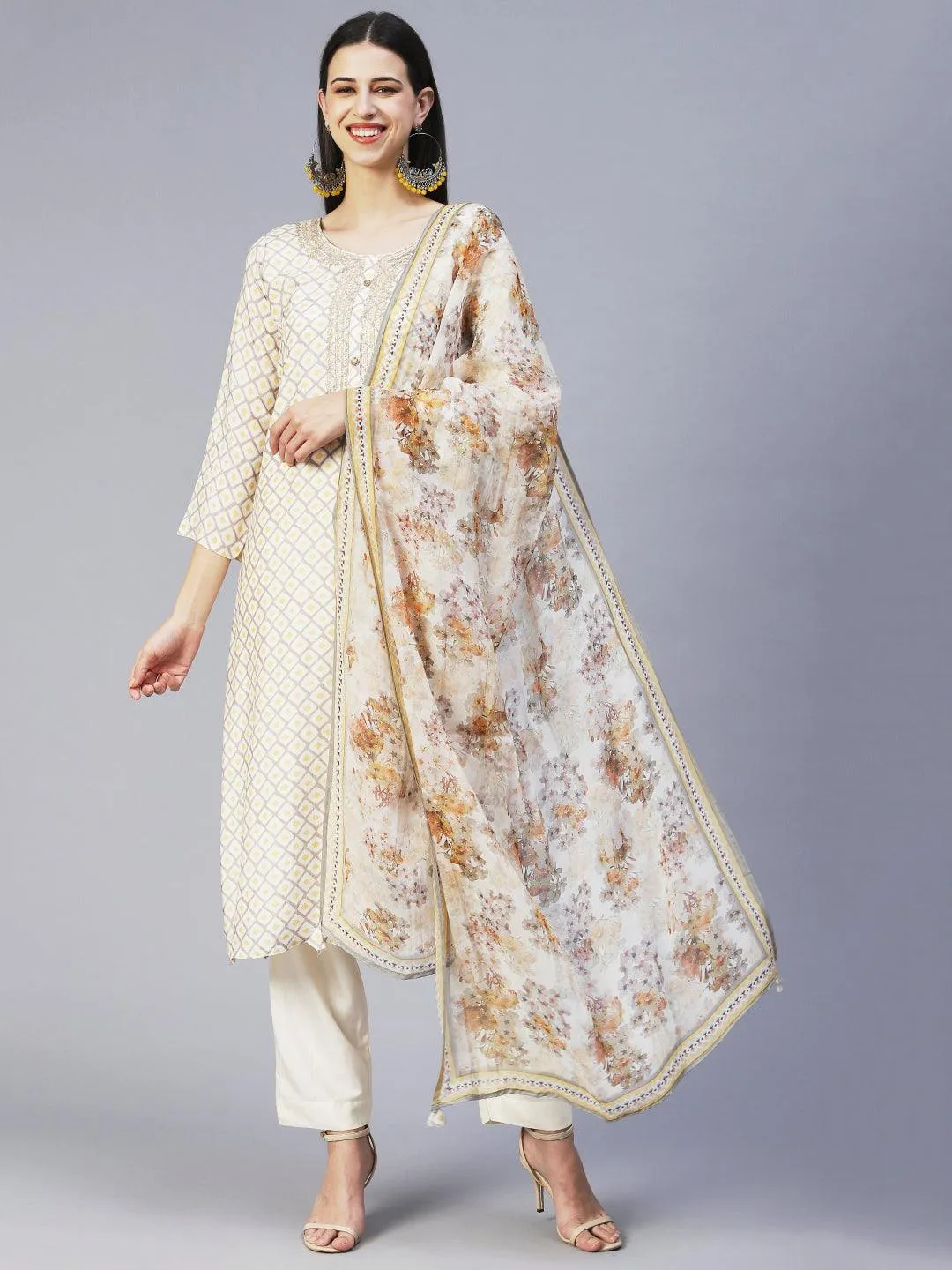 Barfi Printed Zari Embroidered Kurta With Pants & Dupatta - Off White