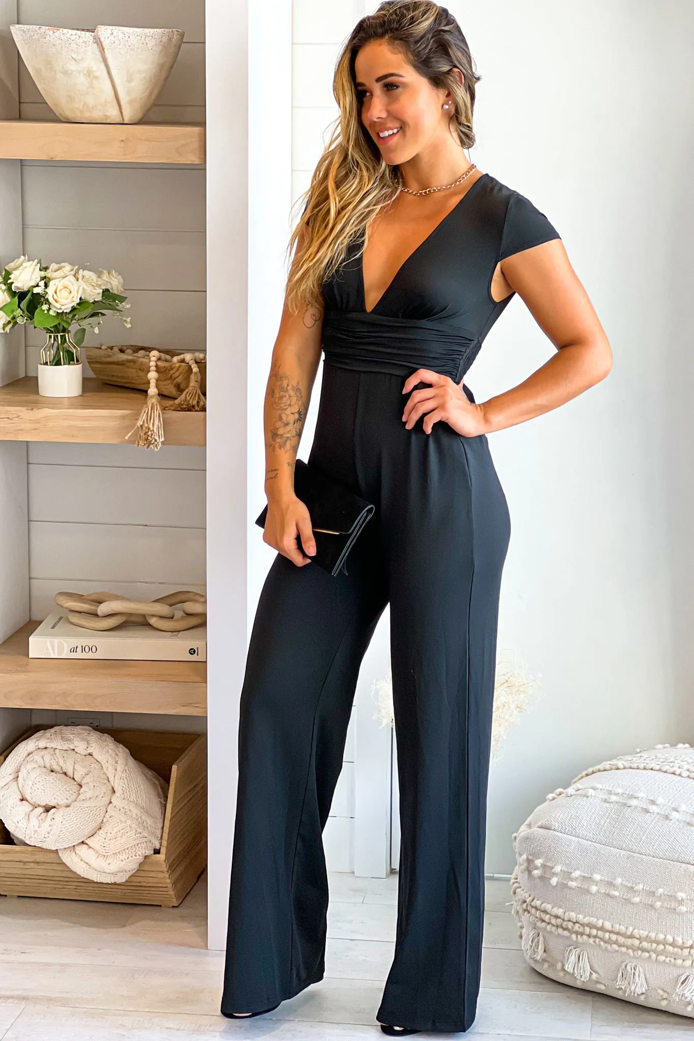 Black V-Neck Jumpsuit With Short Sleeves