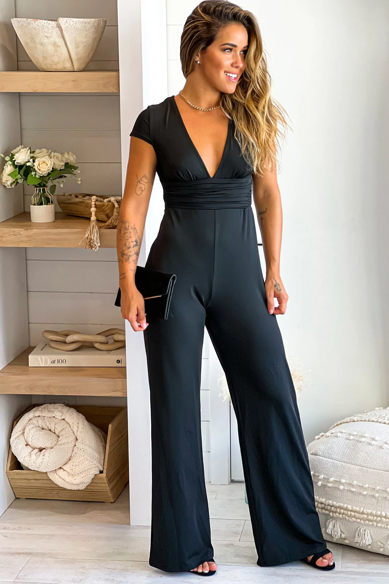 Black V-Neck Jumpsuit With Short Sleeves