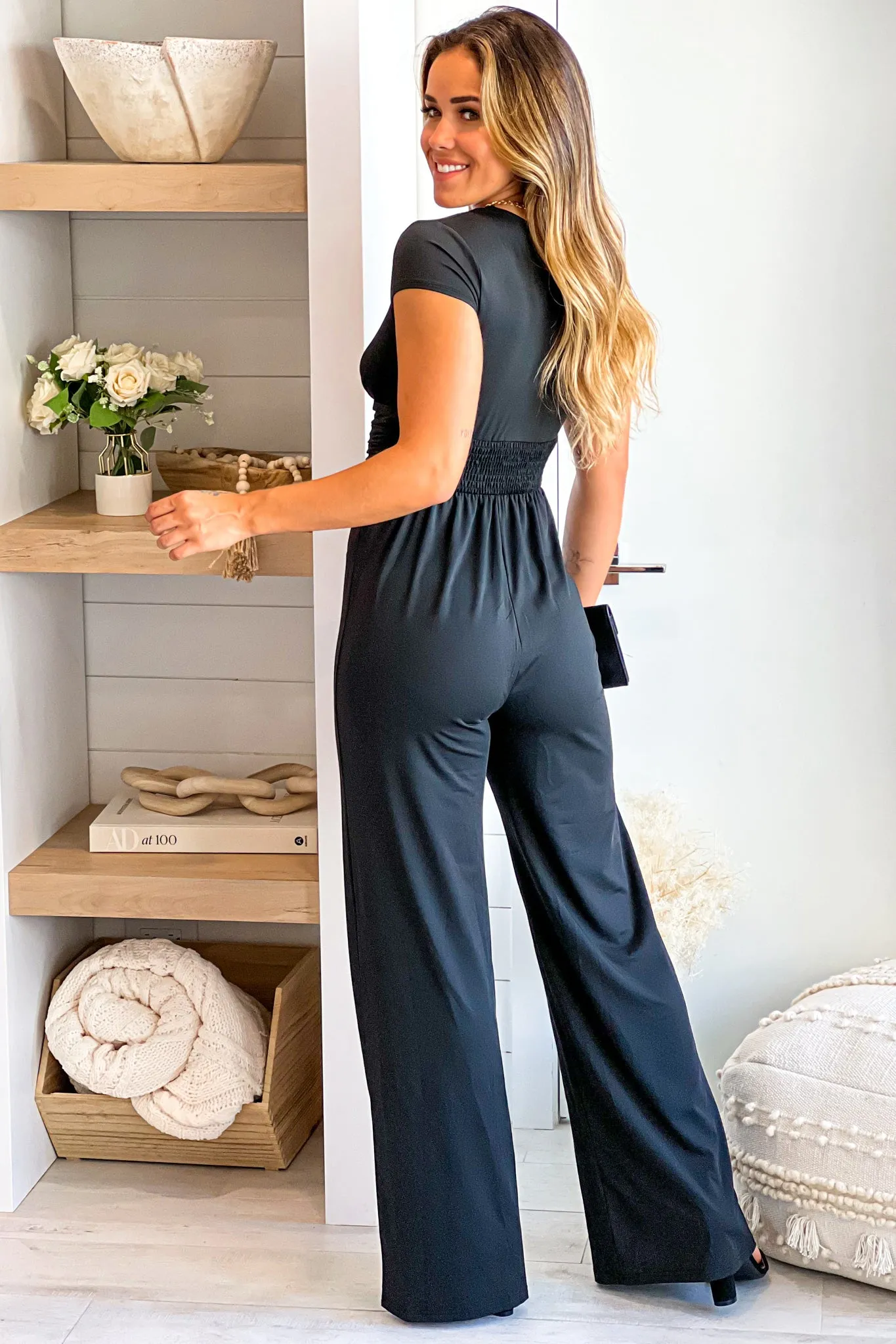 Black V-Neck Jumpsuit With Short Sleeves
