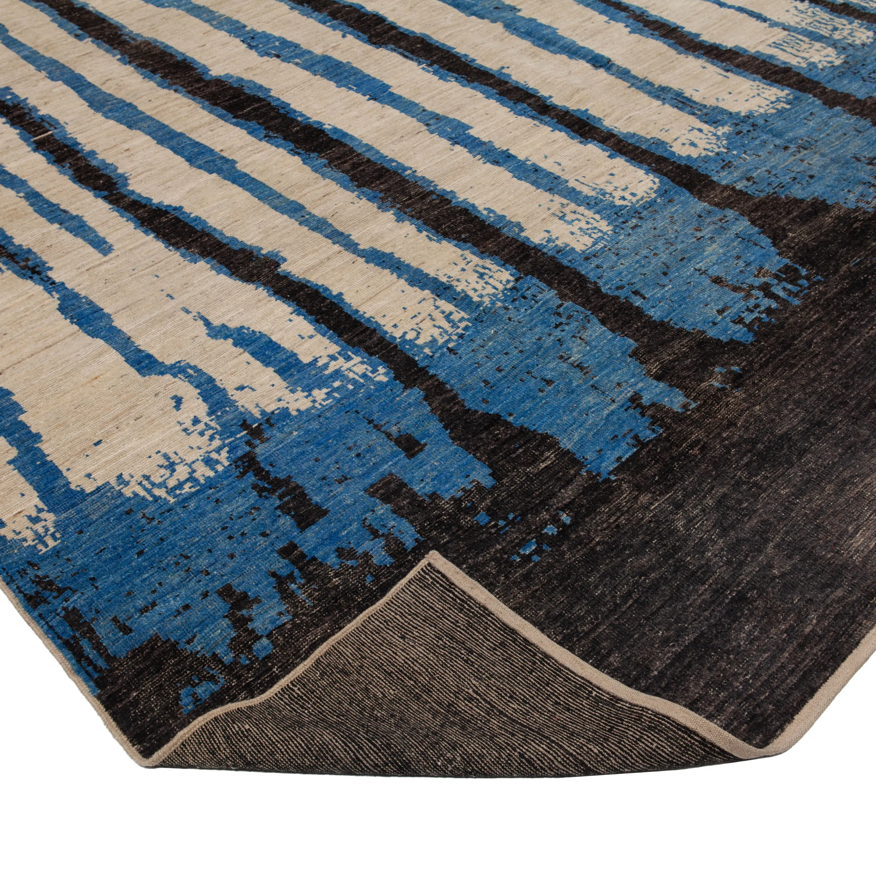 Blue & Black Zameen Modern Wool Rug - 12'3" x 15'3"