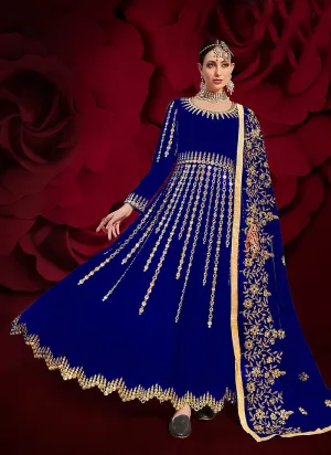 Blue Golden Mirror Work Flared Anarkali Pant Suit Blue Golden Mirror Work Flared Anarkali Pant Suit