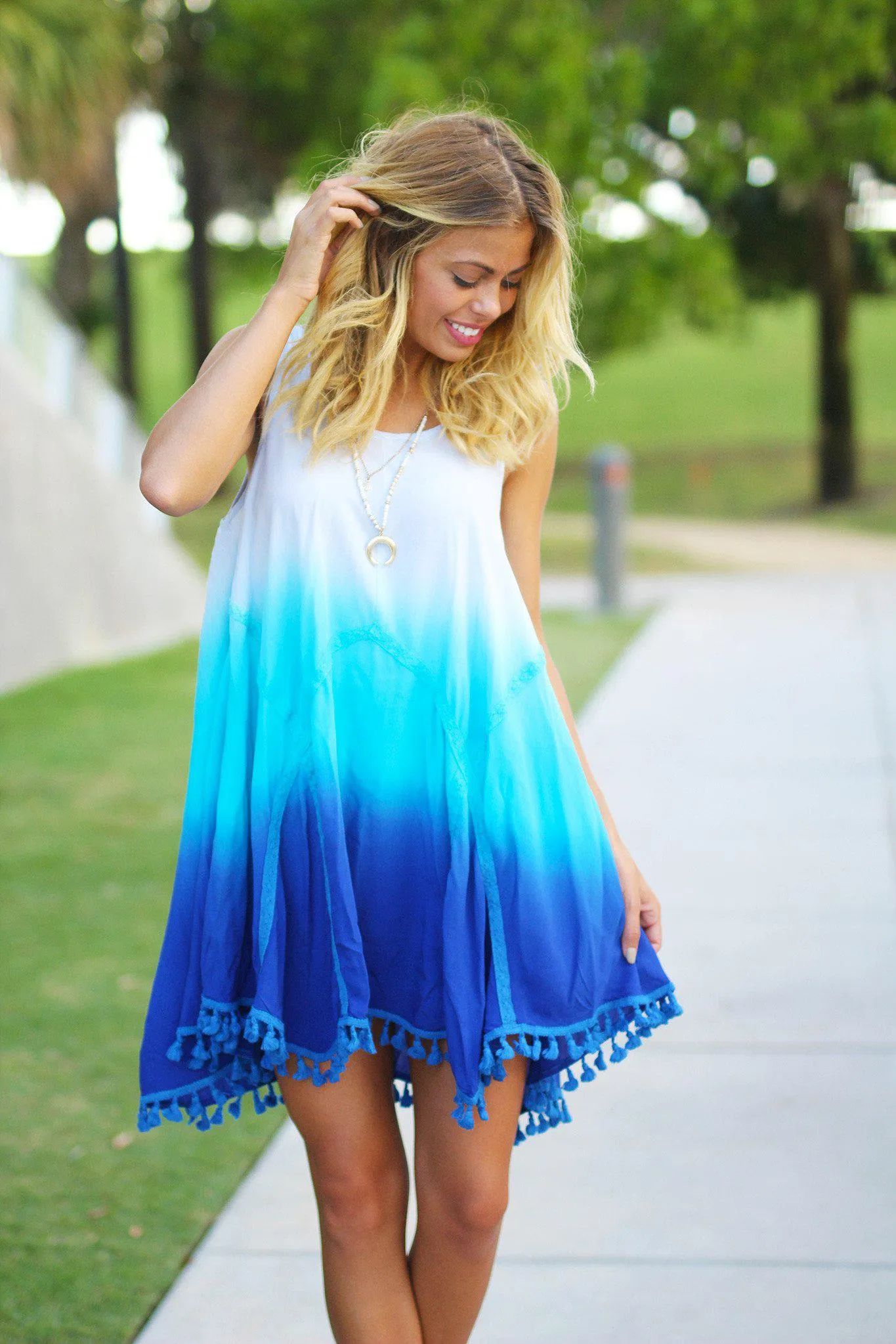Blue Ombre Short Dress with Tassels