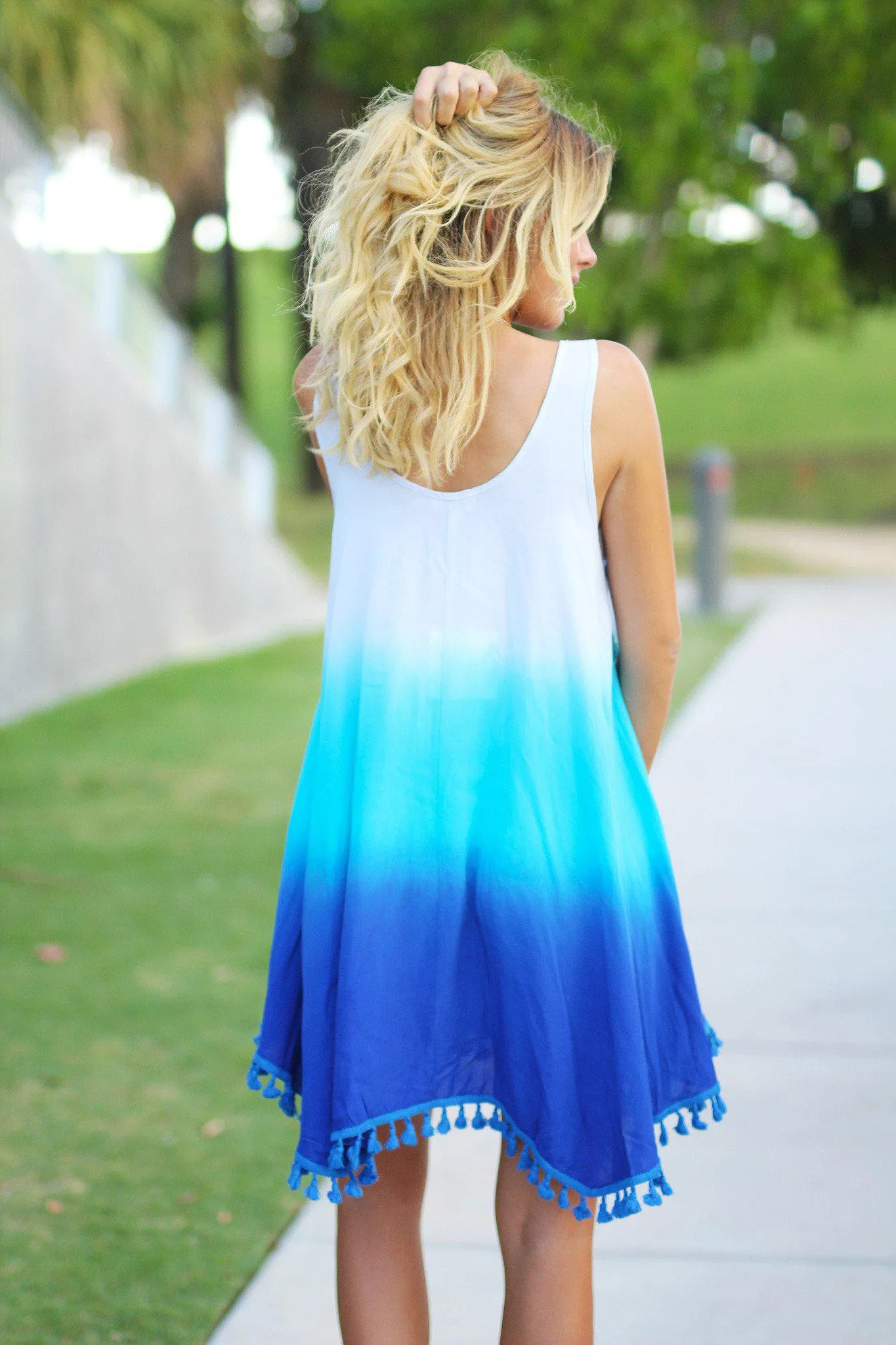 Blue Ombre Short Dress with Tassels