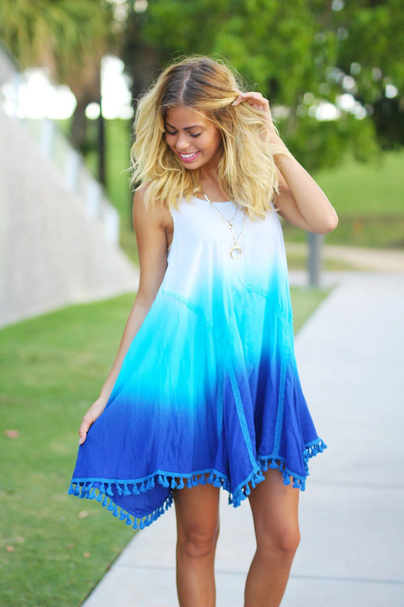 Blue Ombre Short Dress with Tassels