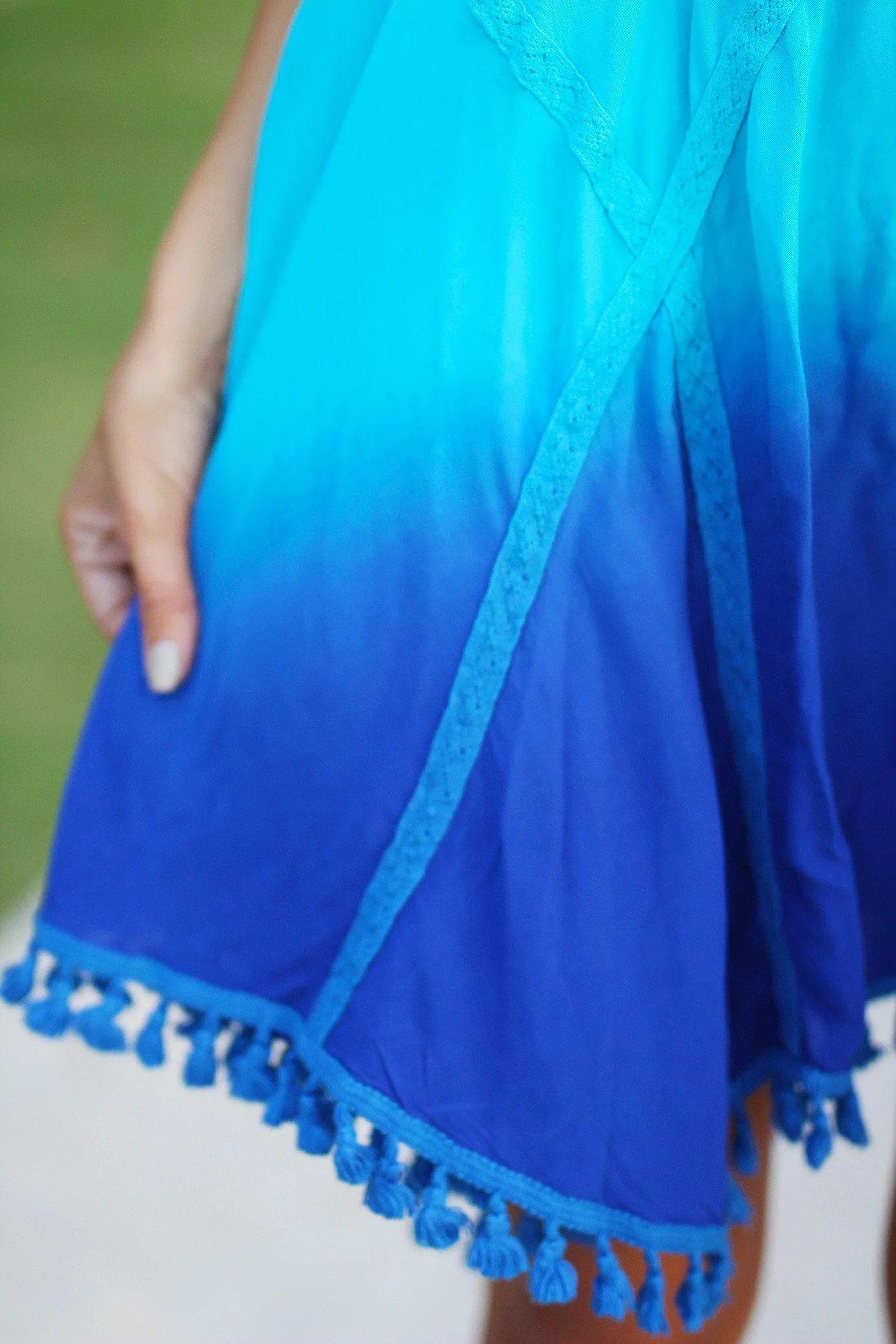 Blue Ombre Short Dress with Tassels