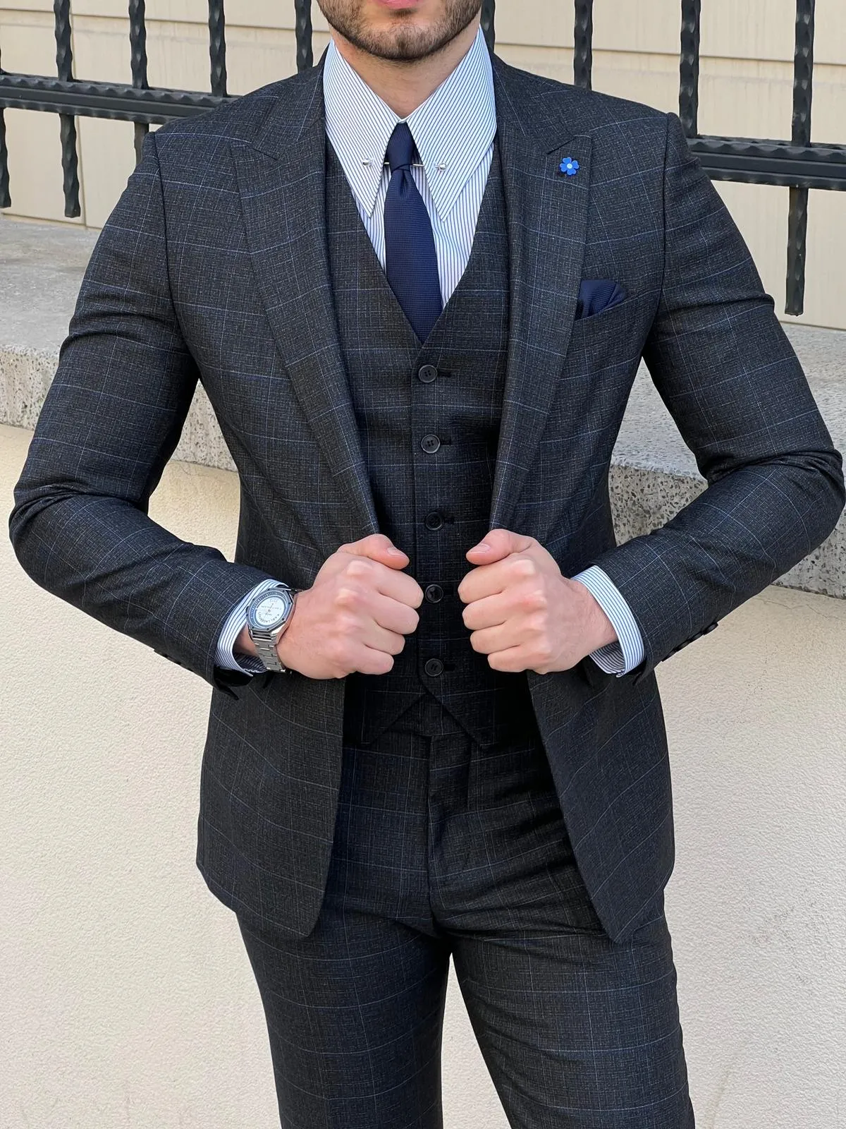 Bojoni Montebello Slim Fit High Quality Plaid Woolen Black Suit