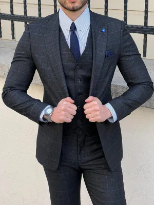 Bojoni Montebello Slim Fit High Quality Plaid Woolen Black Suit