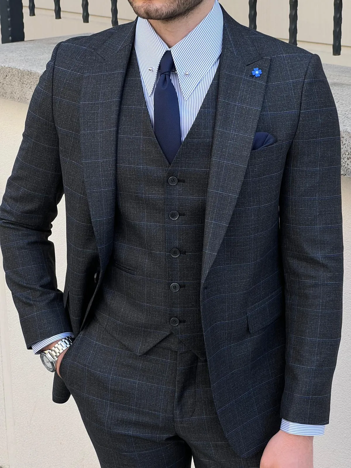Bojoni Montebello Slim Fit High Quality Plaid Woolen Black Suit
