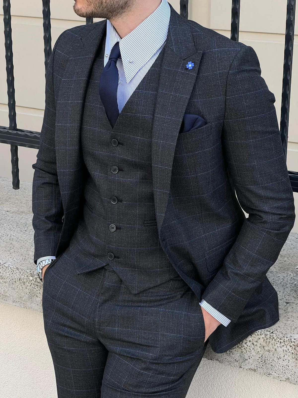 Bojoni Montebello Slim Fit High Quality Plaid Woolen Black Suit