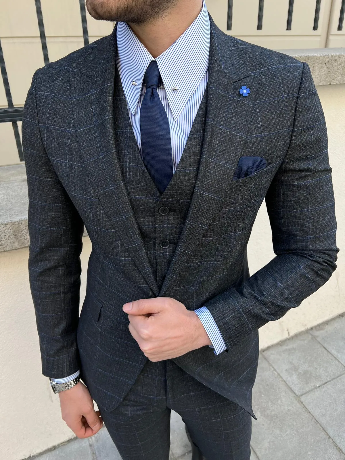 Bojoni Montebello Slim Fit High Quality Plaid Woolen Black Suit