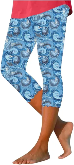 Capri Leggings for Women 2025 Floral Print High Waist Capris Tummy Control Knee Length Yoga Pants Cropped Trouser