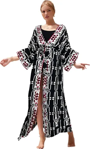 Checked beach kimono cover ups for Women 3/4Sleeve Kimono Duster Light Weight Kimono Cover up Loose swimwear cover ups kimono robes Open Front summer cardigans Beach Cover up with Belt (778 Check)