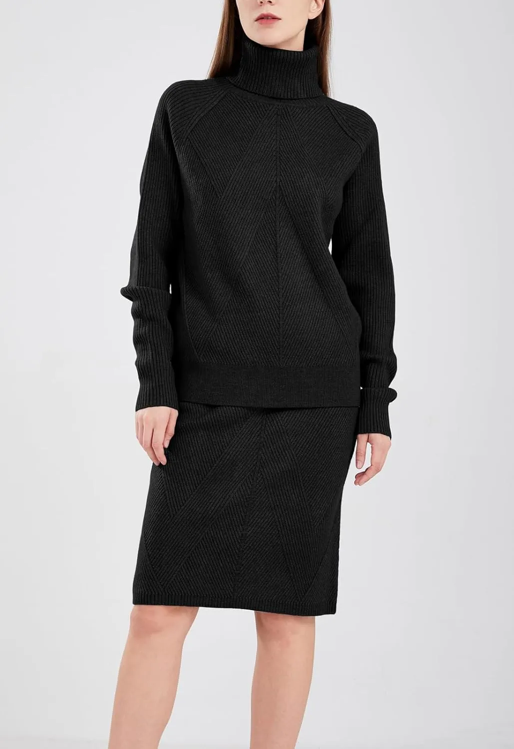 chouyatou Women's Casual 2 Piece Outfits Turtleneck Cable Knit Sweater and Bodycon Skirt Sets