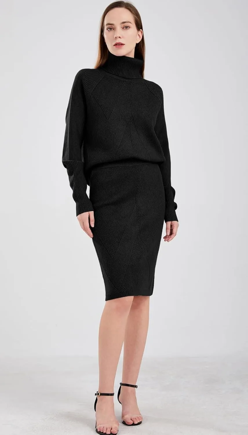 chouyatou Women's Casual 2 Piece Outfits Turtleneck Cable Knit Sweater and Bodycon Skirt Sets