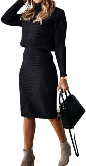 chouyatou Women's Casual 2 Piece Outfits Turtleneck Cable Knit Sweater and Bodycon Skirt Sets
