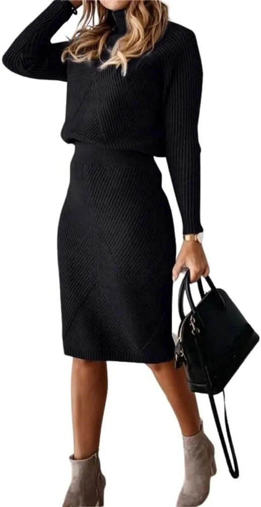 chouyatou Women's Casual 2 Piece Outfits Turtleneck Cable Knit Sweater and Bodycon Skirt Sets