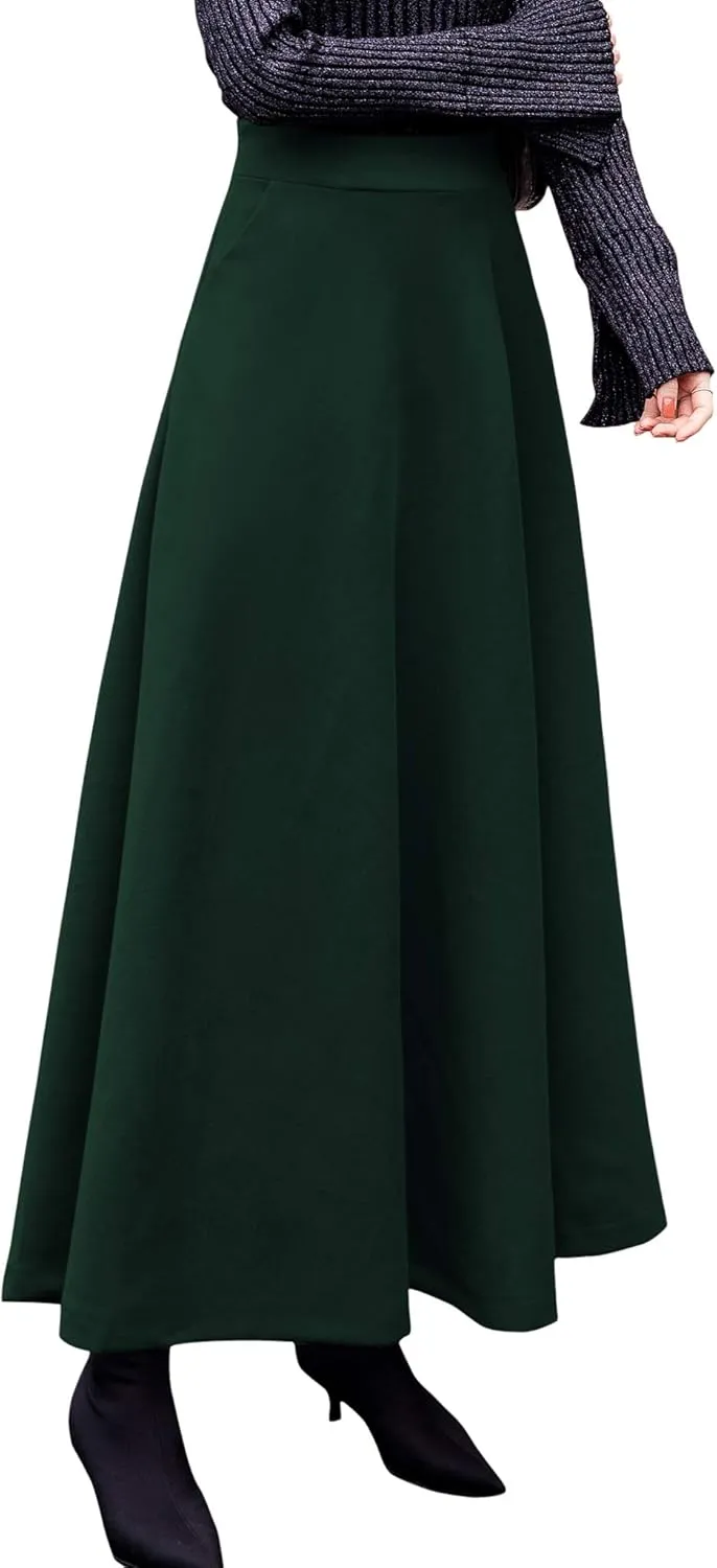chouyatou Women's Fall Winter A-Line Swing Pleated Long Maxi Wool Skater Skirt