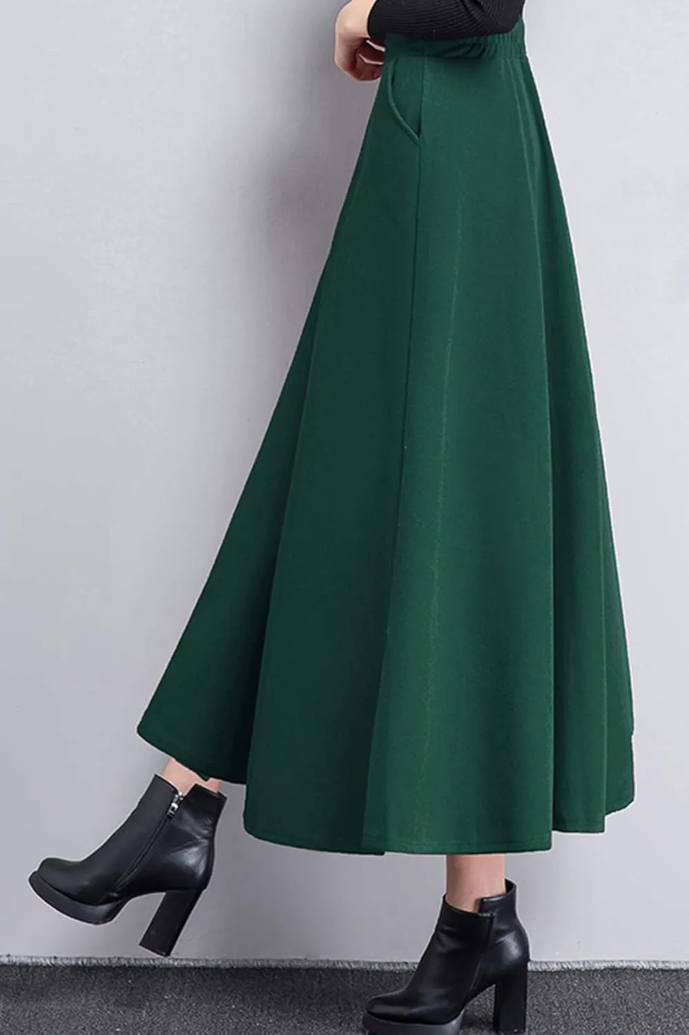 chouyatou Women's Fall Winter A-Line Swing Pleated Long Maxi Wool Skater Skirt