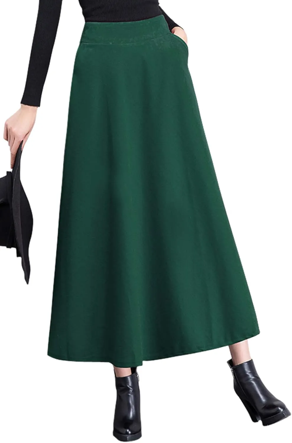 chouyatou Women's Fall Winter A-Line Swing Pleated Long Maxi Wool Skater Skirt