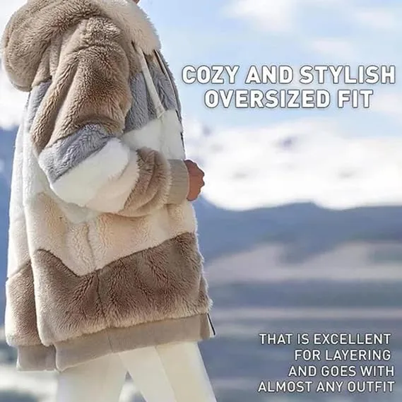 Contrasting Lamb Wool Padded Coat, Womens Autumn and Winter Loose Thick Plush Multicolor Hooded Jacket with Pockets