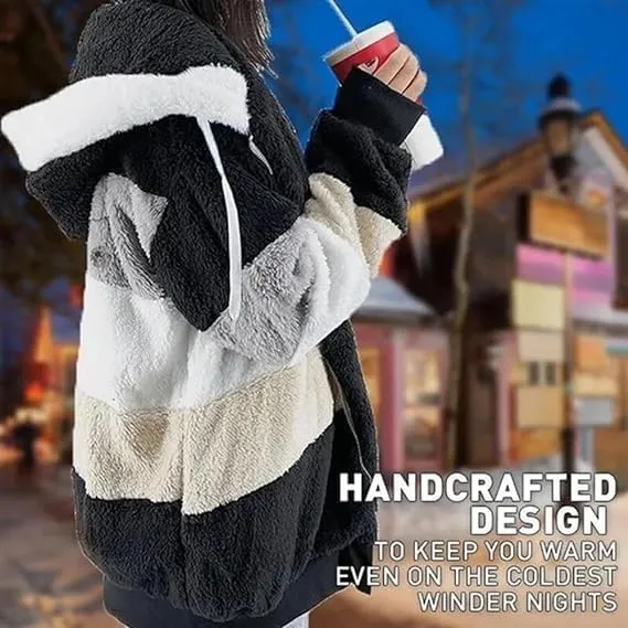 Contrasting Lamb Wool Padded Coat, Womens Autumn and Winter Loose Thick Plush Multicolor Hooded Jacket with Pockets