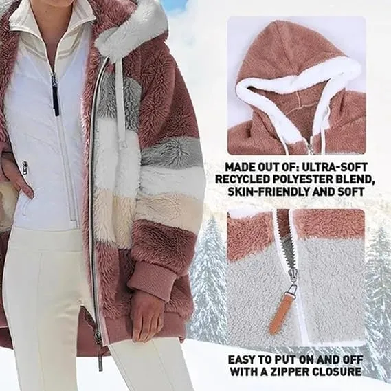 Contrasting Lamb Wool Padded Coat, Womens Autumn and Winter Loose Thick Plush Multicolor Hooded Jacket with Pockets