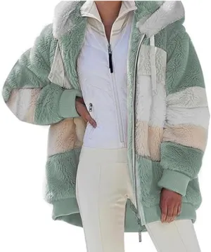 Contrasting Lamb Wool Padded Coat, Womens Autumn and Winter Loose Thick Plush Multicolor Hooded Jacket with Pockets