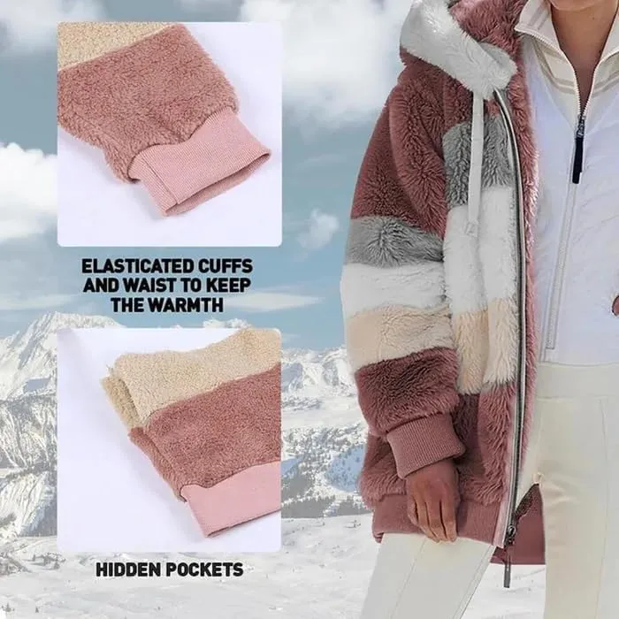 Contrasting Lamb Wool Padded Coat, Womens Autumn and Winter Loose Thick Plush Multicolor Hooded Jacket with Pockets