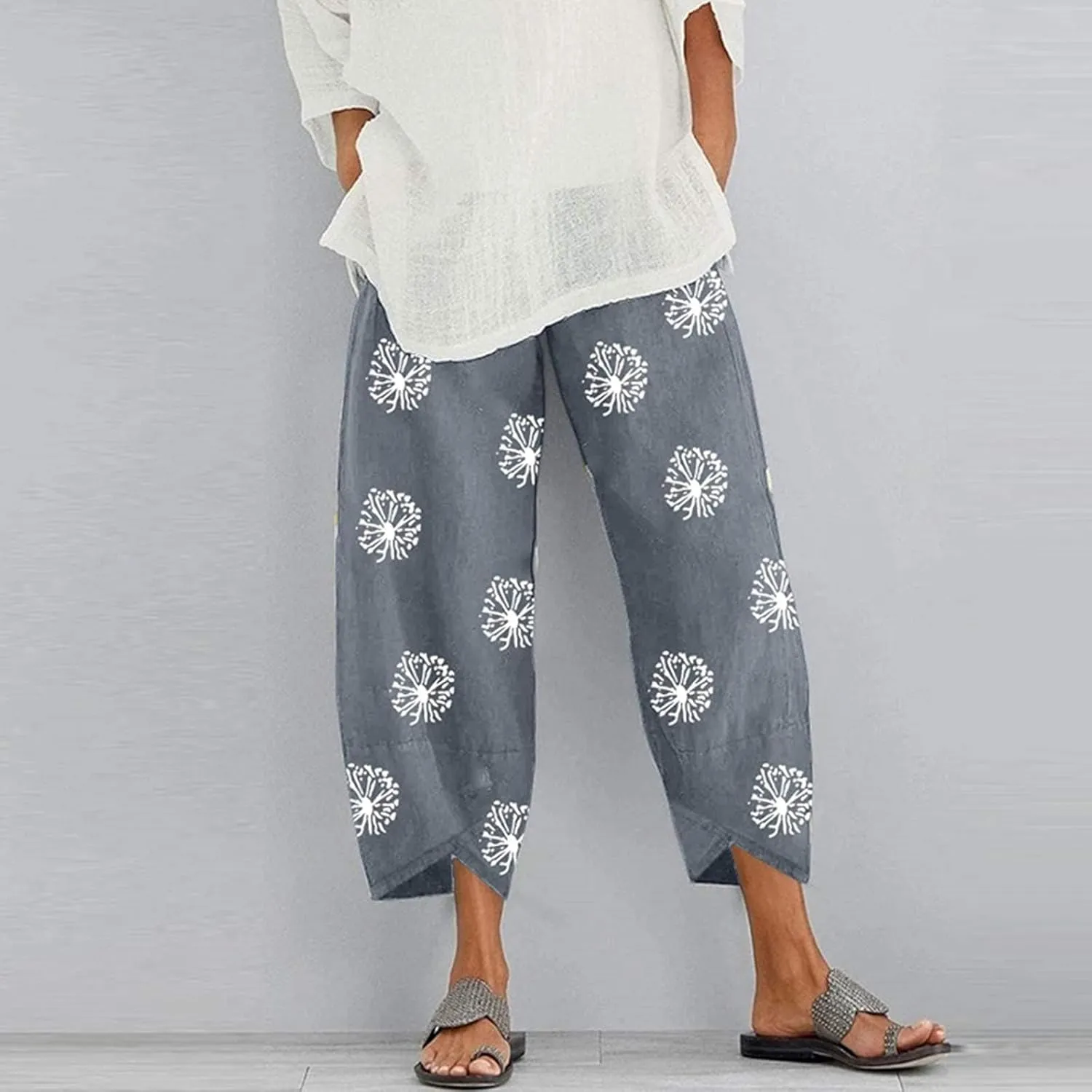 Cotton Linen Casual Summer Capri Pants Printed Cropped Comfy Baggy Trousers with Pockets Palazzo Lounge Pants