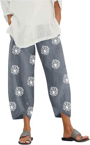 Cotton Linen Casual Summer Capri Pants Printed Cropped Comfy Baggy Trousers with Pockets Palazzo Lounge Pants