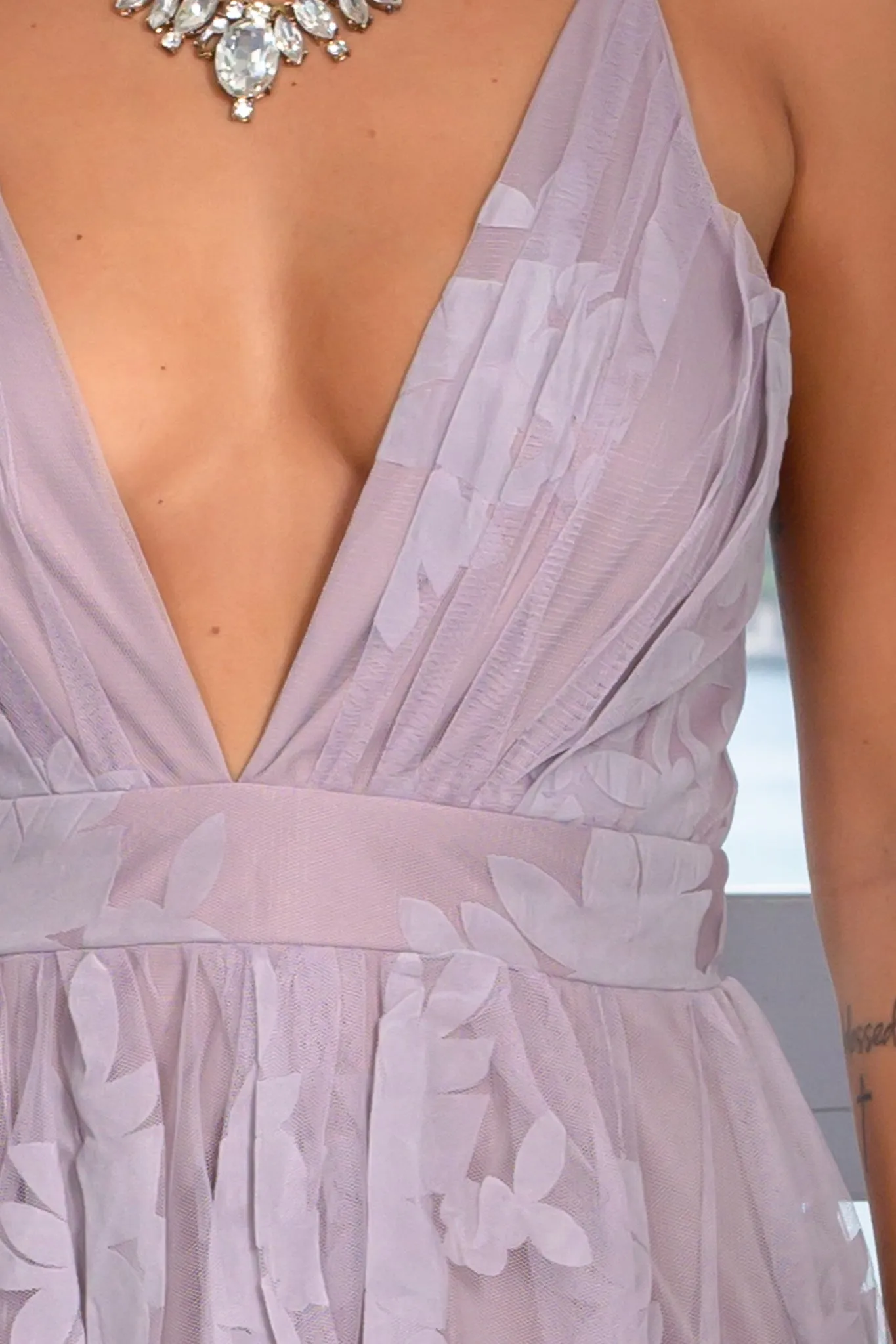 Dusty Lilac Floral Tulle Maxi Dress with Criss Cross Back