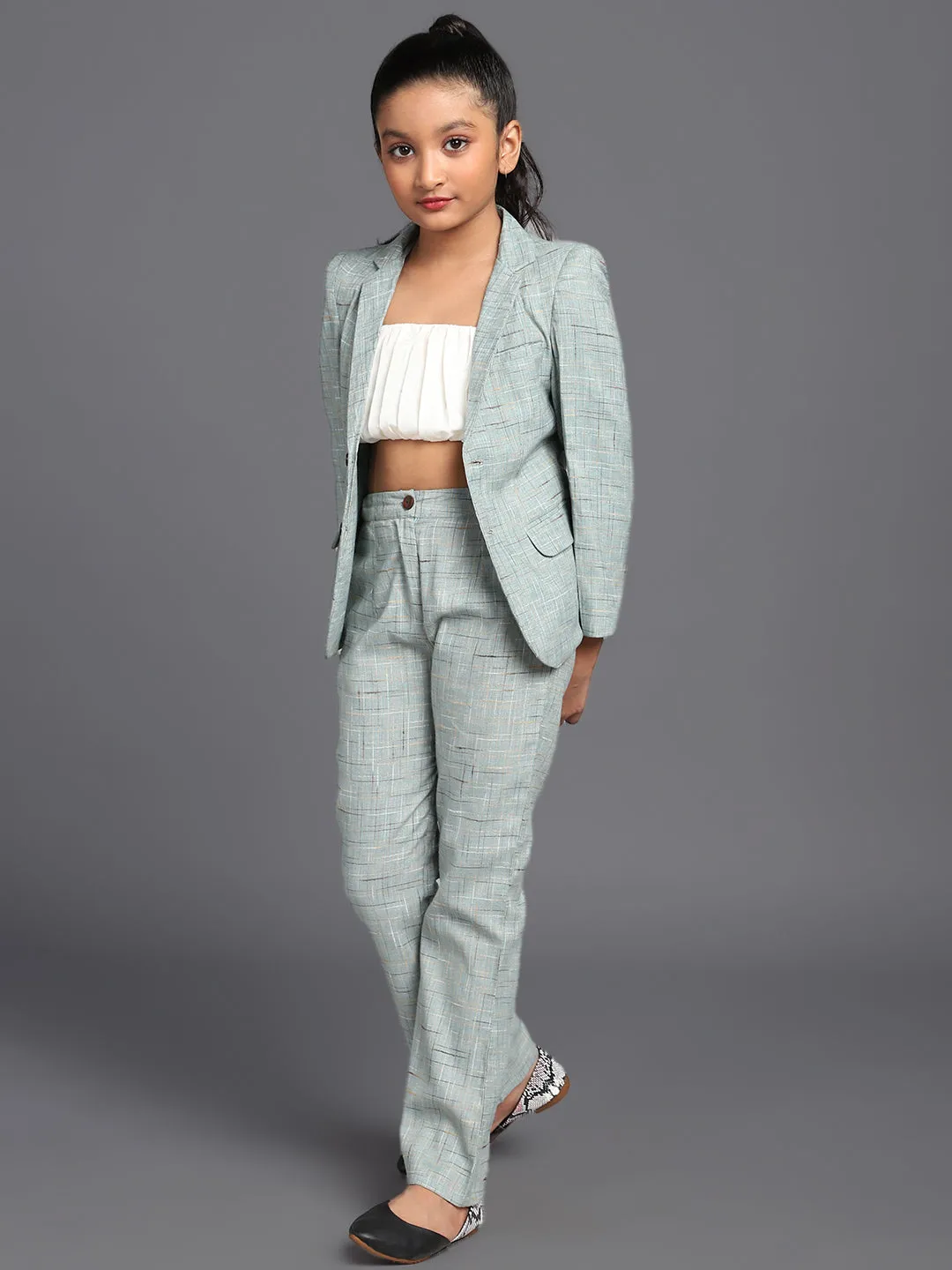 Girl's Pastle Blue Checks Self Design Blazer & Top With Pant Set - Aks Girls