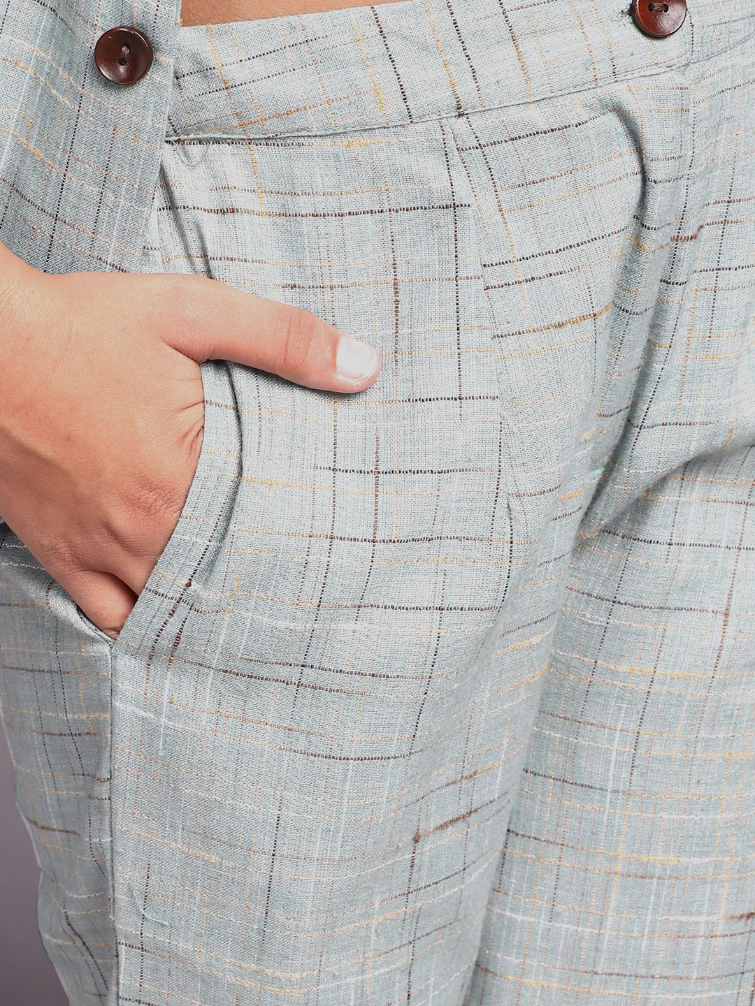 Girl's Pastle Blue Checks Self Design Blazer & Top With Pant Set - Aks Girls