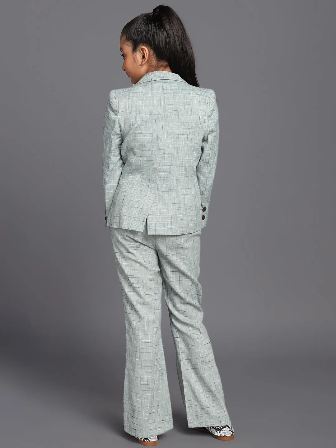Girl's Pastle Blue Checks Self Design Blazer & Top With Pant Set - Aks Girls